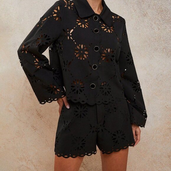 Black Women's Laser Cut Long Sleeve Single-Breasted Blouse And Loose Shorts set - Picture 3 of 6
